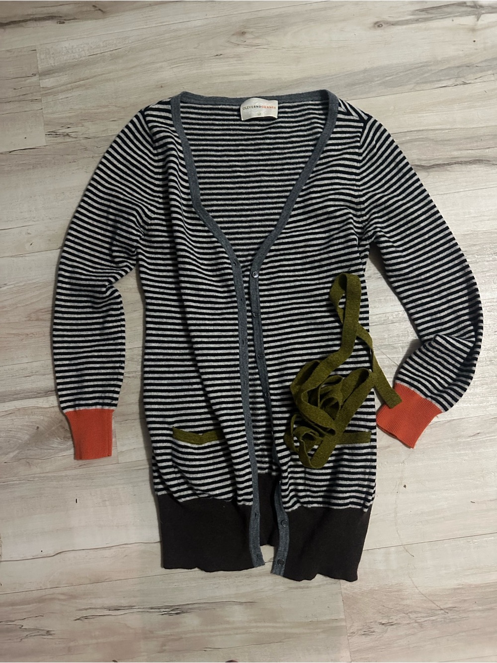 Striped Black & White Cardigan with Orange and Olive Green Lambs Wool